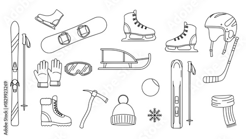 Collection of 19 Minimalist Black Outline Winter Sports Equipment and Cold Weather Gear Icons on a White Background