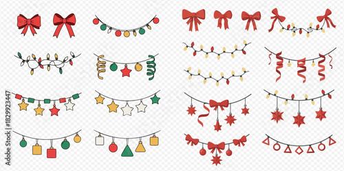 Festive Christmas garlands and bows, a collection of holiday decorations.