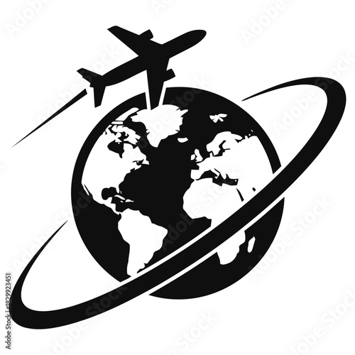 Global Travel Logistics: Airplane Flying Around The Earth Logo Graphic