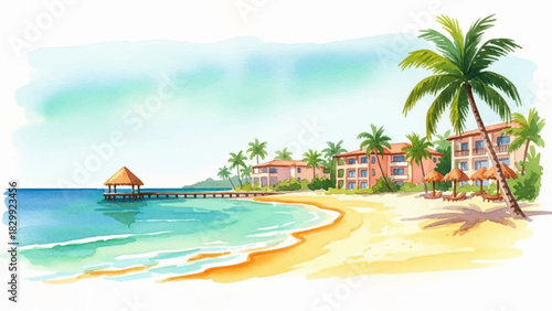 Hand-drawn watercolor illustration of a serene tropical beach resort with palm trees and a pier