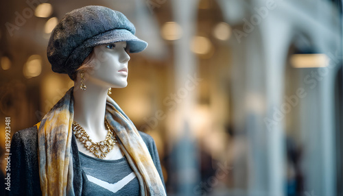 The mannequin in the shop window is dressed in stylish clothes