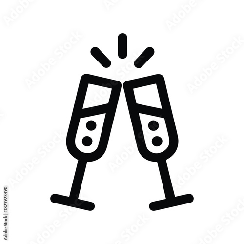 Two black outline champagne glasses toasting on white background clinking celebration