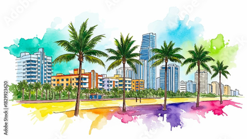 Vibrant coastal cityscape featuring palm trees and modern buildings, a captivating hand-drawn watercolor illustration in bright hues