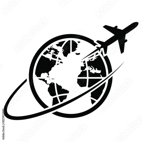 Global Flight Travel Logo. Airplane Flying around the Earth. Vector Illustration.