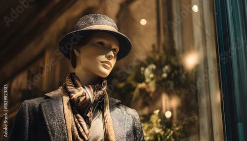 The mannequin in the shop window is dressed in stylish clothes