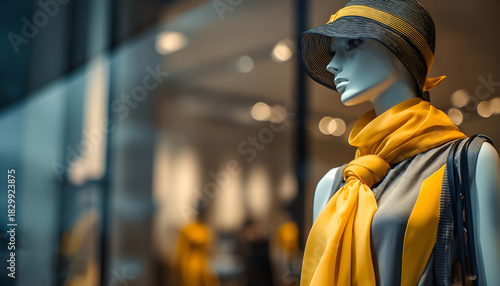The mannequin in the shop window is dressed in stylish clothes