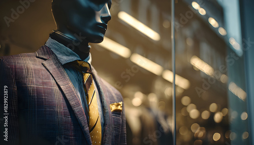 The mannequin in the shop window is dressed in stylish clothes