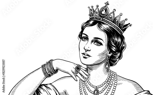a regal queen wearing a crown and jewelry, ideal for historical, classical, or antique themed searches.