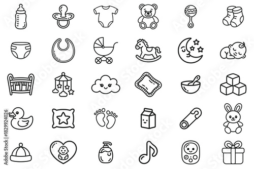 Adorable baby and nursery doodle icon set featuring 30 hand-drawn elements including baby bottles, pacifiers, toys, cribs, bibs, rattles, socks, diapers, pillows, teddy bears, moons, clouds