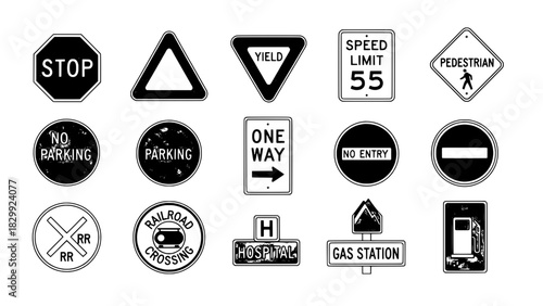 Monochromatic Traffic and Informational Signs Grid: A Detailed Collection of Fifteen Black and White Road and Service Icons, Blending Clean and Distressed Styles