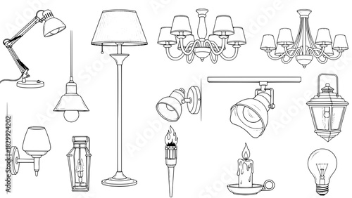 Collection of Thirteen Assorted Lighting Fixtures and Light Sources in Detailed Black Outline Line Art Style