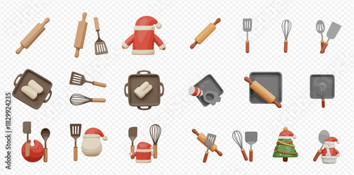 A collection of baking and cooking utensils and Christmas themed items.