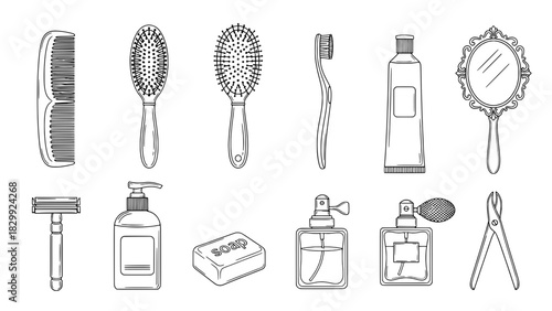 Collection of Hand-Drawn Black Outline Personal Care and Hygiene Items
