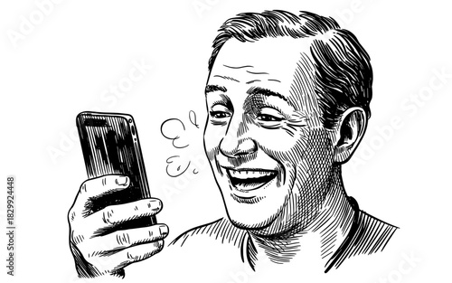 Hand drawn sketch of a cheerful man looking at his smartphone and laughing, capturing humor, emotion, and classic illustration