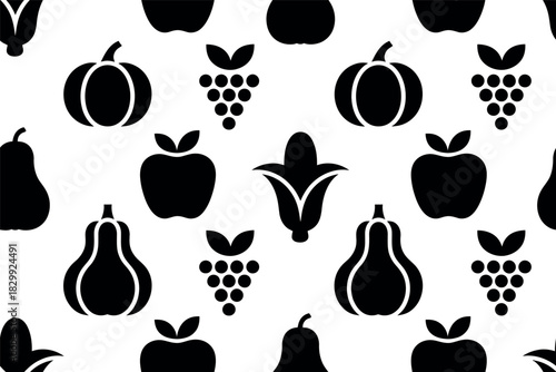 Black and white fruit and vegetable seamless vector pattern design