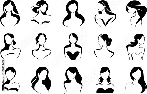 Collection of abstract woman portraits in black and white design set