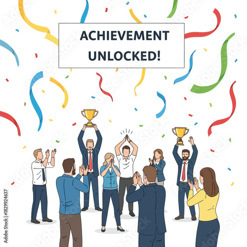Group of diverse business people applauding and celebrating achievement unlocked with trophies, successful corporate team recognized for hard work concept
