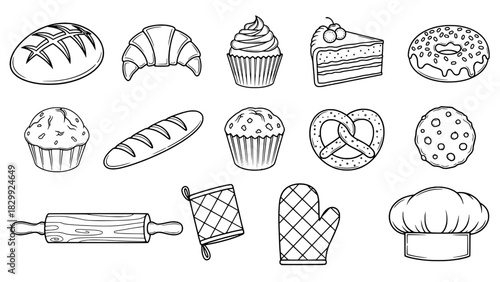 Black Outline Bakery Food and Baking Tools Icons Collection