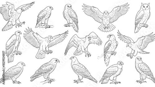 Dynamic Collection of 13 Birds of Prey Line Art: Detailed Black Outline Illustrations of Eagles, Hawks, Owls, and Vultures in Flight, Perched, and Standing Poses, White Background.
