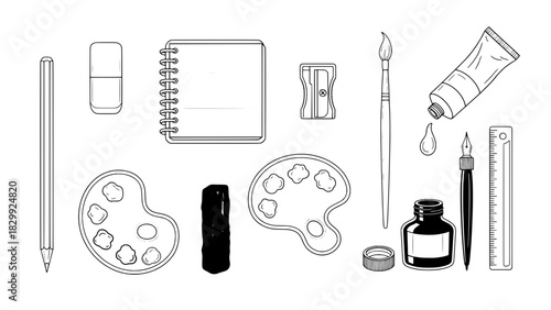 Art Supplies Collection: Flat Line Art and Solid Monochrome Illustrations on a Clean White Background