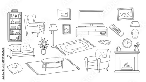 Hand-drawn Black Outline Living Room Furniture and Decor Elements Collection on White Background