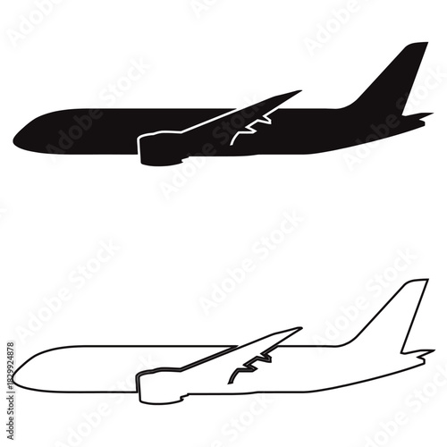 Commercial Airplane Silhouette and Outline Vector Illustration for Graphic Design Assets