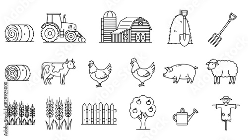 Minimalist Line Art Farm & Agriculture Icon Set: 17 Detailed Outline Icons of Tractor, Barn, Animals, Hay, Crops, Tools, and Scarecrow on White Background in a Grid Layout.