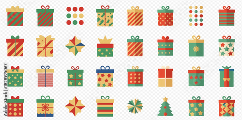 A collection of colorful Christmas gift boxes with various patterns and designs.