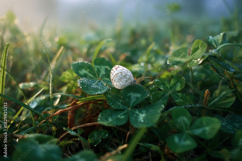 Fototapeta premium Delicate butterfly resting on wet clover leaves
