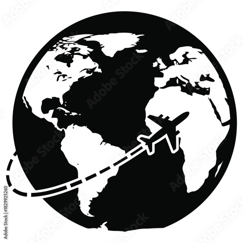 Global Travel Icon: Airplane Flying Around Earth on Route, Commercial Use Vector