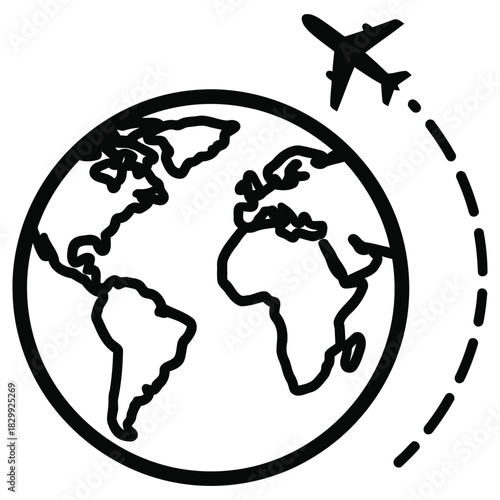 Global Travel Concept: Airplane Flying Around the World Globe, Black and White Illustration