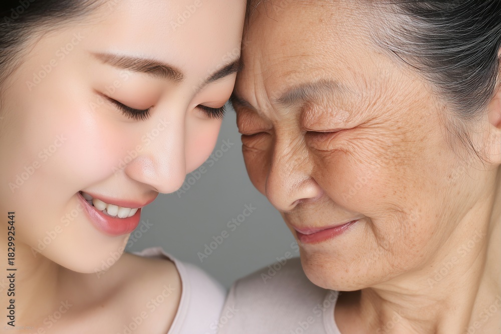 Obraz premium ​Close-up portrait of happy young and senior Asian women touching foreheads with eyes closed, representing family love and generations