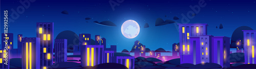 Night city with neon illumination, architecture