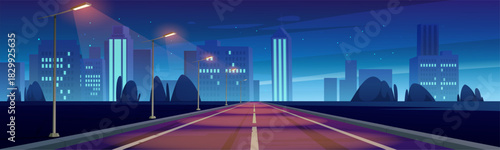 Road to night city empty highway with street lamps