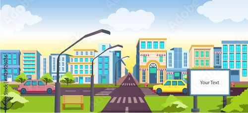 View of buildings and city street with digital signage