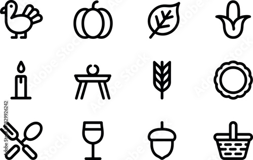 Thanksgiving Day Icon Set with Traditional Food and Holiday Symbols