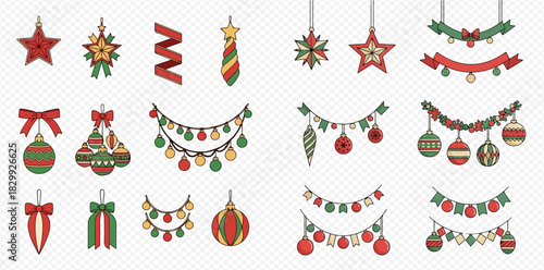A collection of festive Christmas ornaments and garlands in red and green.