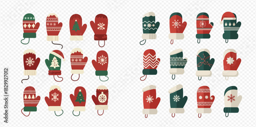 Festive mittens in red and green, adorned with snowflakes, trees, and patterns, perfect for winter warmth and holiday cheer.