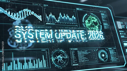 New year 2026 a mesmerizing digital display showcases intricate data visualizations, with a striking System Update message illuminating the screen.