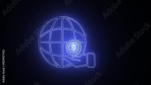 Global Finance Concept Neon Globe with Hand Holding Dollar.