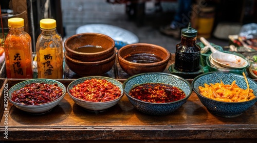 Fototapeta Naklejka Na Ścianę i Meble -  Colorful Display of Spices, Sauces, and Ingredients at a Local Market Stall Featuring Various Bowls, Jars, and Cooking Tools in a Vibrant Environment