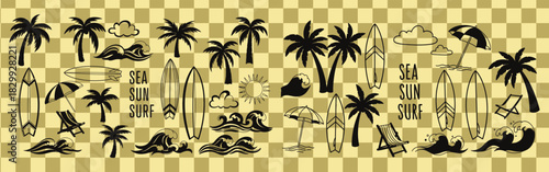Beach themed pattern featuring palm trees surfboards waves and beach chairs in a seamless design
