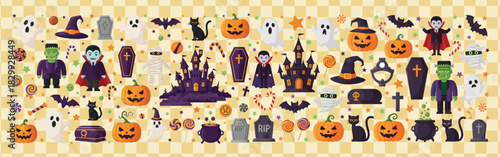 Halloween themed seamless pattern featuring pumpkins ghosts bats and spooky characters