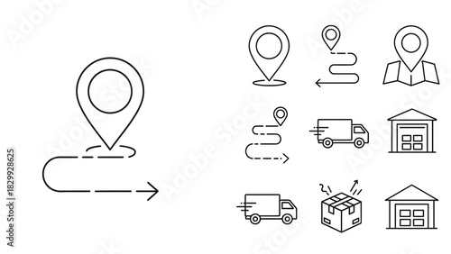 Delivery tracking logistics and shipping service location pin and route map icons for business website