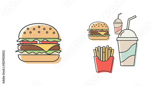 Delicious burger fries and soda vector illustration for fast food restaurant menu and promotion design elements