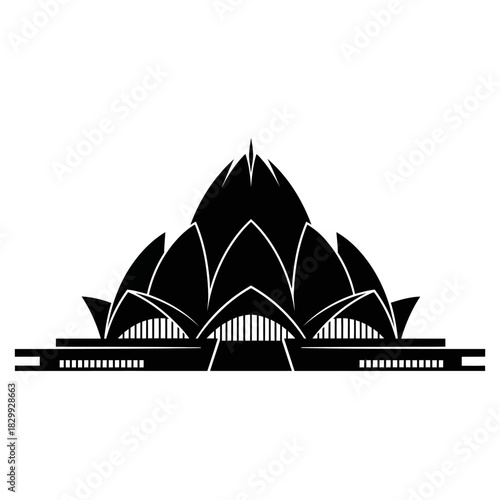 Striking minimalist black and white silhouette of the iconic Lotus Temple in New Delhi India, perfect for travel brochures and cultural projects