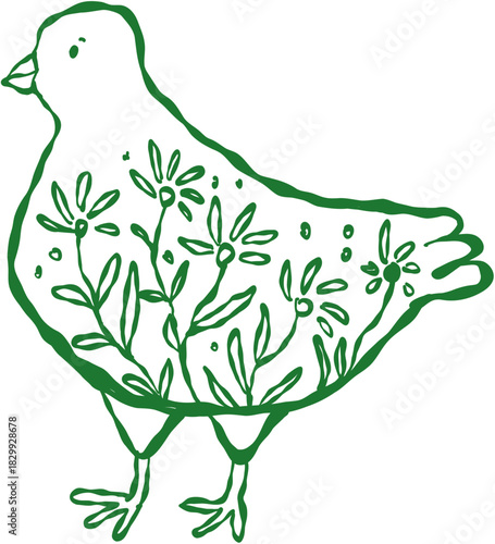 Doodle Style Easter Chicken Bird with Floral Decoration
