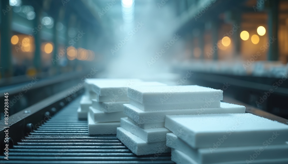 Fototapeta premium Stacks of white styrofoam boards move along conveyor belt in manufacturing plant. Industrial production of building materials with steam smoke in background. Quality check on insulation panels at