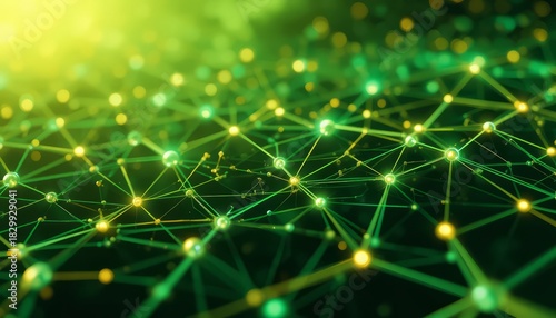 Glowing network of interconnected lines and nodes on a dark background, neon green technology mesh.