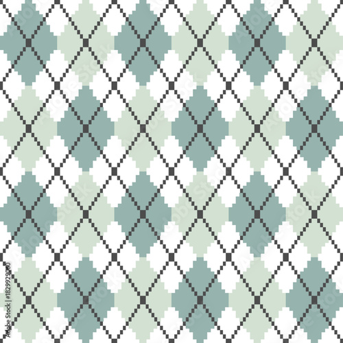 Seamless argyle pattern on sage green shades, gray,  repeat pattern, pixeled